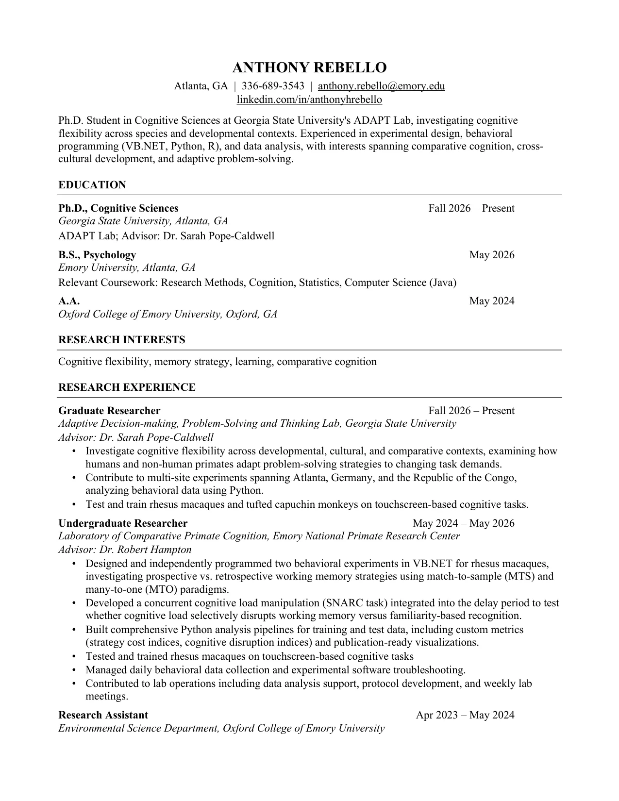 Anthony Rebello — Curriculum Vitae, page 1 of 2